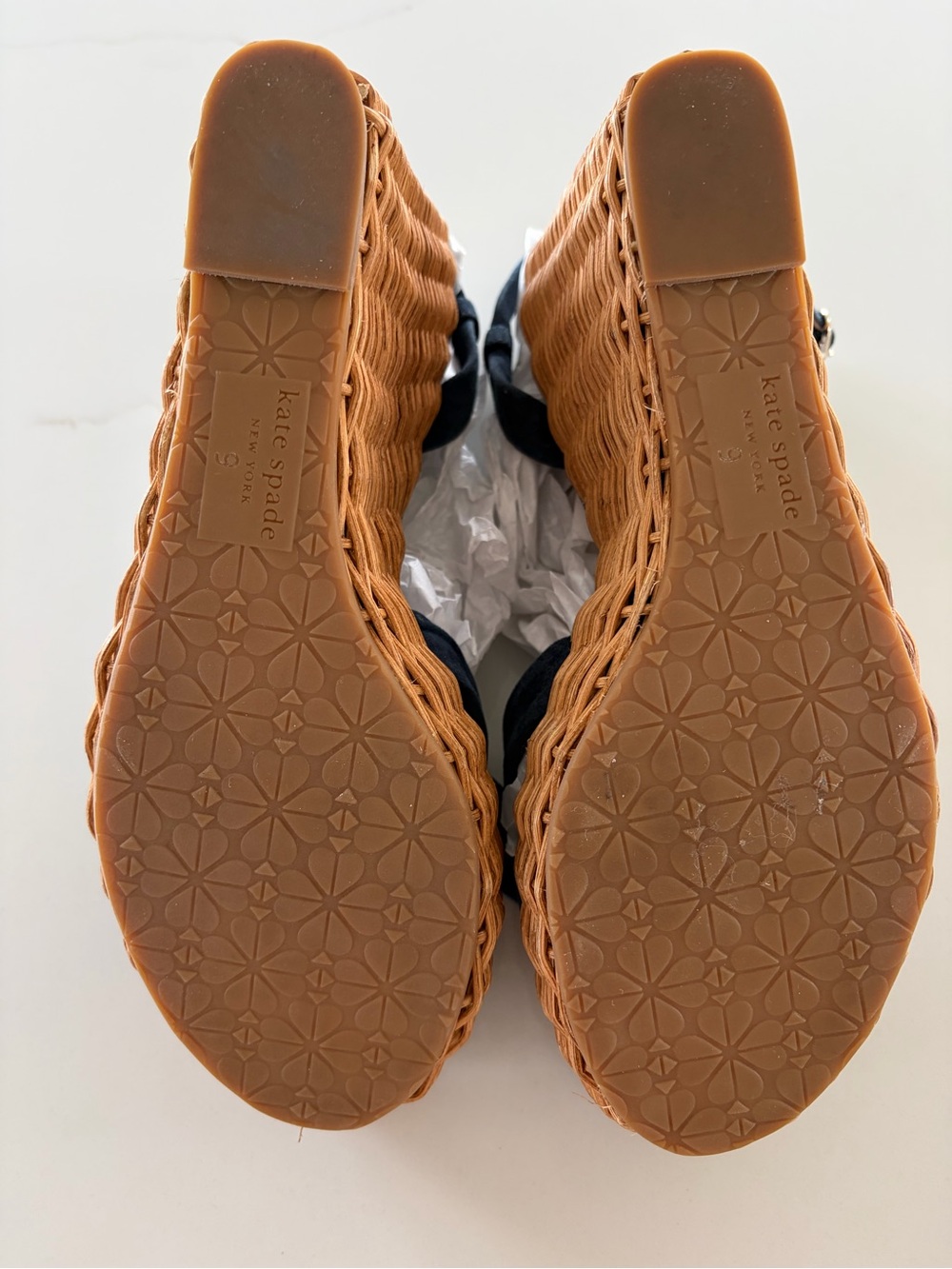 Kate Spade New York Navy Blue Suede Bow Wicker Wedge Espadrille Sandals Size 9 - Picture 13 of 16